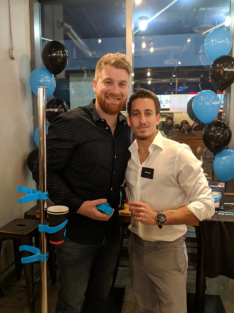 1 Paul with our client, Reey Yadin, with the finished design of his product, Comfycup!